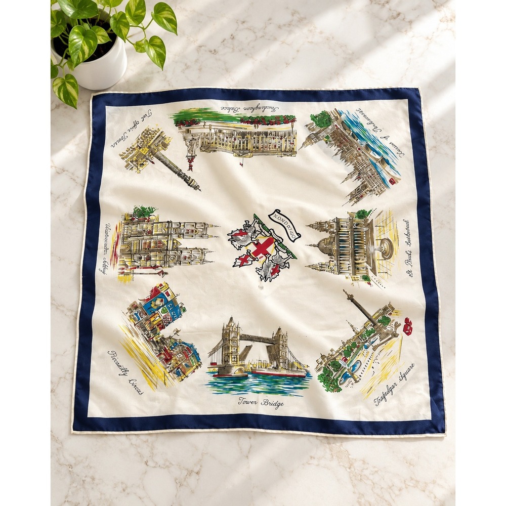 Vintage 1940s 50s London Tourist Scarf Rayon Hand Printed Landmark Souvenir 28"